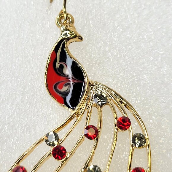 Peacock Chandelier Earrings Gold Red and Black Bird Earrings - Picture 5 of 7